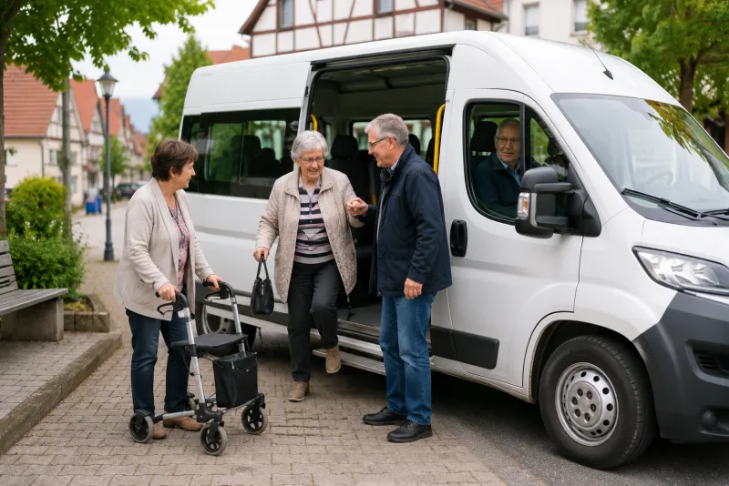 Seniorin steigt mit Hilfe aus dem Bürgerrufverkehr - freundliche Unterstützung im Alltag